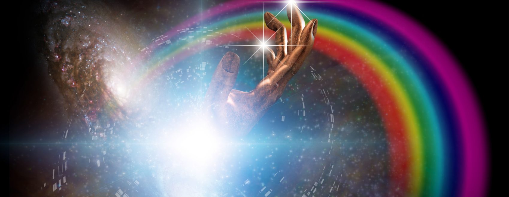 Bronze hand shooting from a star with the universe on one side and rainbow on the other