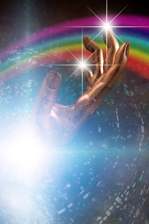 Bronze hand shooting from a star with the universe on one side and rainbow on the other