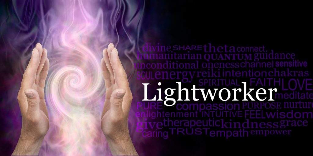 hands holding a spiral of swirling purple light. With the words 'Lightworker' to the right of the hands. 